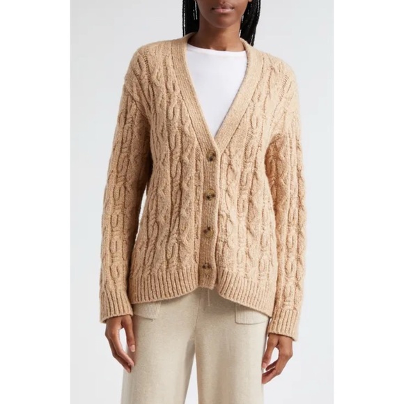 ATM Chunky Cable Knit Melillo Wool & Cotton Blend V-Neck Cardigan Sweater Size M - Picture 1 of 14